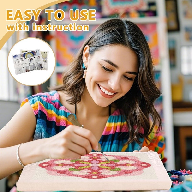 DOODLREAM Mandala Flower DIY Punch Needle Embroidery Kit for Adult Beginner, 9.4" Geometric Pink Floral Punch Stitching Craft Set for Starter with Frame, Fabric Pattern, Threader, Yarn, Pinch Needle - Image 3